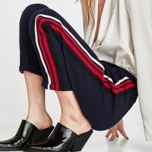 Zara blue pants with red and white stripes